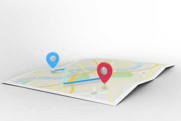 Poster - Digital png illustration of red and blue location pins with map on transparent background