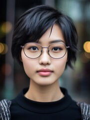 Wall Mural - Outdoor closeup portrait of beautiful happy asian American girl teenager female young, AI generative