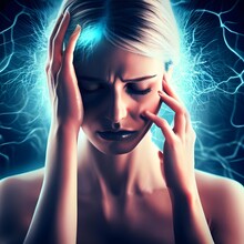 Illustration Of A Painful Headache, Woman Holding Her Head, Brain Transparency Render, Digital Art