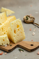 cheese with holes and truffle paste. Food recipe background. Close up