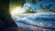 summer wallpaper  beach scene, waves surf with amazing blue ocean sea island palm tree, ocean wallpaper  