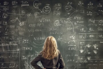 student girl solving a complex mathematical equation on a giant chalkboard, with mathematical formul
