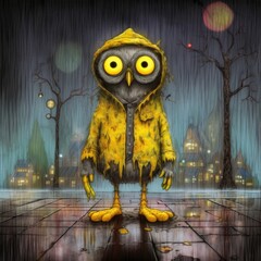 Cute emo monster owl animal illustration, charcoal hand draw, generative ai poster wall art