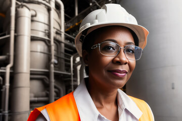 Wall Mural - Digital portrait of a senior successful confident professional female Petrochemical engineer standing in a Gas storage. Concept of active age. Generative AI