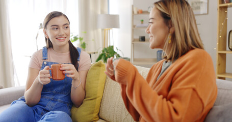 Poster - Relax, coffee and friends on a sofa talking, content and bonding on the weekend together. Tea, women and conversation on a couch, smile and chilling in a living room while enjoying comforting drink