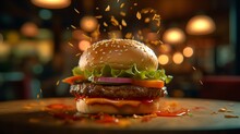 Hamburger On The Table HD 8K Wallpaper Stock Photographic Image