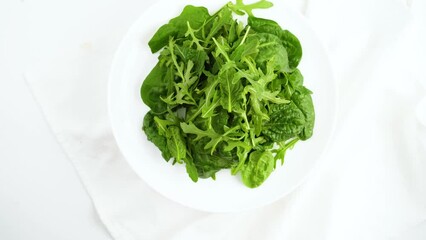 Wall Mural - Vegetarianism. healthy eating. Lettuce leaves in a bowl isolated on white background. Mix fresh arugula leaves, lettuce leaves and spinach leaves for salad.