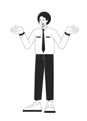 Canvas Print - Ignorant office worker shrugging with confusion flat line black white vector character. Editable outline full body person on white. Simple cartoon isolated spot illustration for web graphic design