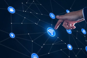 Wall Mural - smart business iot, internet of things concept. businessman touching iot icon on virtual screen, con