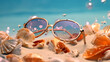 summer desert picturing close up view of sunglasses and seashell sunny day sky with clouds