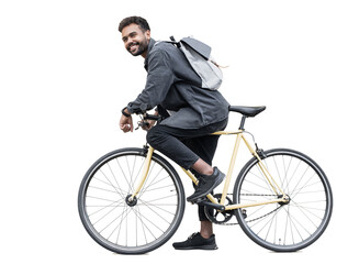 Young handsome man with bike isolated transparent PNG, Full length portrait of smiling student man with bicycle, Modern healthy lifestyle, travel, casual business concept