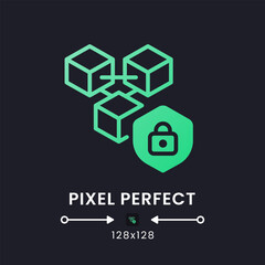 Sticker - Blockchain security green solid gradient desktop icon on black. Risk management system. Fraud prevention. Pixel perfect 128x128, outline 4px. Glyph pictogram for dark mode. Isolated vector image