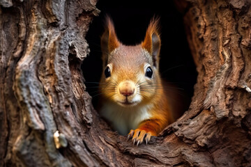 Squirrel hiding in a tree hole in the forest. Amazing wildlife. Generative Ai