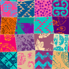 Poster - Seamless textile pattern. Textille patchwork pattern. Vector image. Grunge bright ornaments.