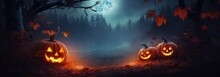 Autumn Composition. Pumpkins, Dry Leaves. Autumn, Halloween Concept. Halloween Background - Old Table With Candles And Branches On Spooky Night With Full Moon