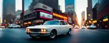 Big City Sunset Evening Panorama With Retro Cars And Blurred Car Headlights And Street Lights With Skyscrapers. Copy Space For Advertising Text. Generative AI.