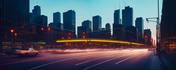 Wall Mural - Evening blurred panorama background of big city sunset with cars and long exposure blurred car headlights and street lights with skyscrapers. Copy space for advertising text. Generative AI.