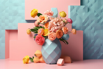 Poster - A pastel-colored geometric-style flower arrangement with geometric containers and pastel accents, adding a contemporary touch to floral decor. Generative AI technology.