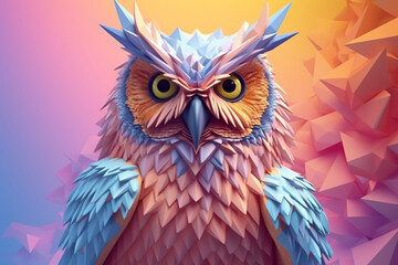 Fototapete - A pastel-colored geometric-themed Owl illustration with angular shapes and delicate pastel shades, capturing the wisdom and grace of this majestic bird. Generative AI technology.