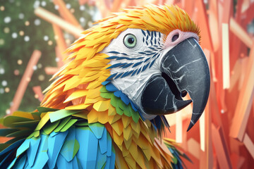 Fototapete - A pastel-colored geometric-themed Macaw illustration with angular shapes and delicate pastel shades, capturing the wisdom and grace of this majestic bird. Generative AI technology.