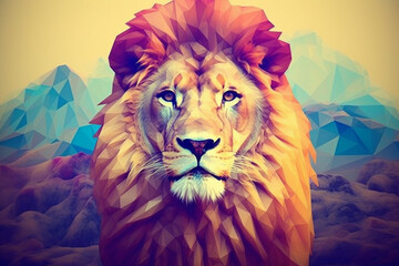 Poster - A geometric-style Lion artwork with intricate geometric shapes and soft pastel hues, showcasing the beauty of nature in a modern design. Generative AI technology.