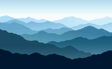 Wall Mural - vector horizontal panoramic landscape with blue silhouettes of misty mountains and hills