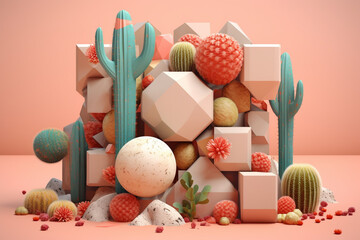 Poster - A pastel-colored geometric-style Bizan artwork with intricate geometric shapes and soft pastel hues, showcasing the beauty of nature in a modern design. Generative AI technology.