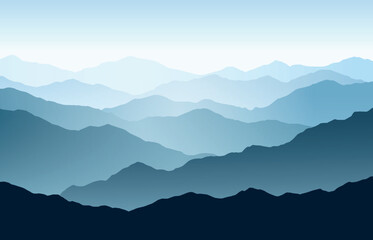 Wall Mural - Vector horizontal panoramic landscape with blue silhouettes of misty mountains and hills