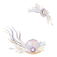 Watercolor underwater floral wreath of pearls, shells and algae in pastel colors. Design wall art, wedding, invitations, fabric, cover, card, tourism, travel booklet. Hand drawn illustration.