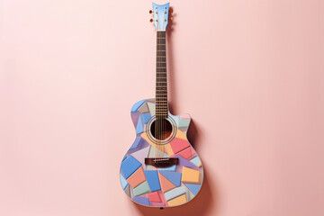 Fototapete - A pastel-colored geometric-style Acoustic guitar artwork with intricate geometric shapes and soft pastel hues, showcasing the beauty of nature in a modern design. Generative AI technology.