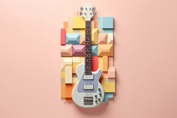 Poster - A pastel-colored geometric-style Bass guitar artwork with intricate geometric shapes and soft pastel hues, showcasing the beauty of nature in a modern design. Generative AI technology.