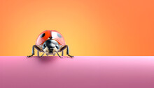 Creative Animal Concept. Ladybird Ladybug Peeking Over Pastel Bright Background. Advertisement, Banner, Card. Copy Text Space. Birthday Party Invite Invitation