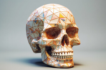 Poster - A trending image showcases an anatomical model of the human skull in a geometric style, with intricate geometric patterns and soft pastel colors. Generative AI technology.