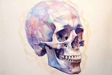 Poster - A pastel-colored geometric-inspired skeleton watercolor painting with angular shapes and pastel gradients, creating a visually stunning representation of skeletal anatomy.  Generative AI technology.