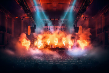Poster - A concert stage with vibrant lighting and smoke effects, highlighting the visual spectacle that accompanies live sound performances.  Generative AI technology.