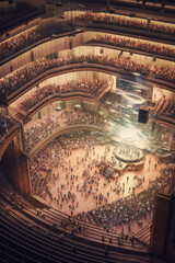 Poster - A concert hall filled with people, captured from a bird's-eye view, illustrating the shared experience and unity created through live sound performances.  Generative AI technology.