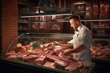  An Image Of A Butcher Arranging Meat Cuts In A Well-organized And Visually Appealing Manner, Highlighting The Importance Of Presentation.  Generative AI Technology.