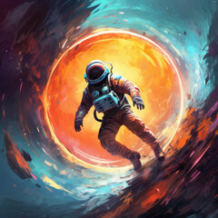 Wall Mural - Soaring astronaut on a colored background. Digital art. Generative AI.