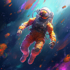 Wall Mural - Soaring astronaut on a colored background. Digital art. Generative AI.