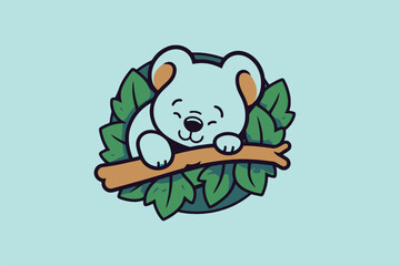 Wall Mural - Cute koala sleeping on a branch with leaves. Vector illustration.