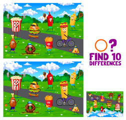 Wall Mural - Find ten differences. Cartoon fast food characters on sport vacation. Objects comparing vector gem worksheet with popcorn, hamburger, donut and ketchup, mustard, fries, nacho, personage doing fitness