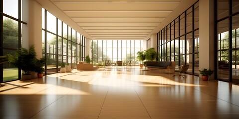 Wall Mural - A beautiful modern spacious office hall with panoramic windows and a perspective in pleasant natural beige and brown tones