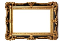 Luxurious Vintage. Retro Decor. Empty Wooden Black And Gold Frame Isolated On White Background
