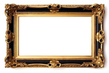 Luxurious vintage. Retro decor. Empty wooden black and gold frame isolated on white background