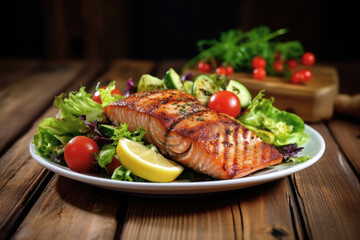 Poster - Grilled salmon fish salad with tomatoes and avocado on plate and wooden background