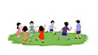 Boys and girls are playing football on the field