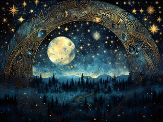 crescent gracefully ,twinkling stars, the enchanting beauty of the night sky