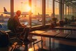 © Barbara - Freelance person working at the airport while commuting to home.Beautiful sunset at the airport departure terminal. Created with generative AI