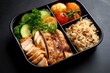 © kardaska - Meal prep containers with healthy lunch to go for work or school with grilled chicken, rice and vegetables. Generative AI