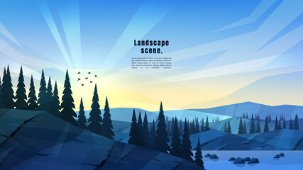 Wall Mural - vector illustration. polygonal landscape. clear sky background. lake by forest. graphic blue modern 
